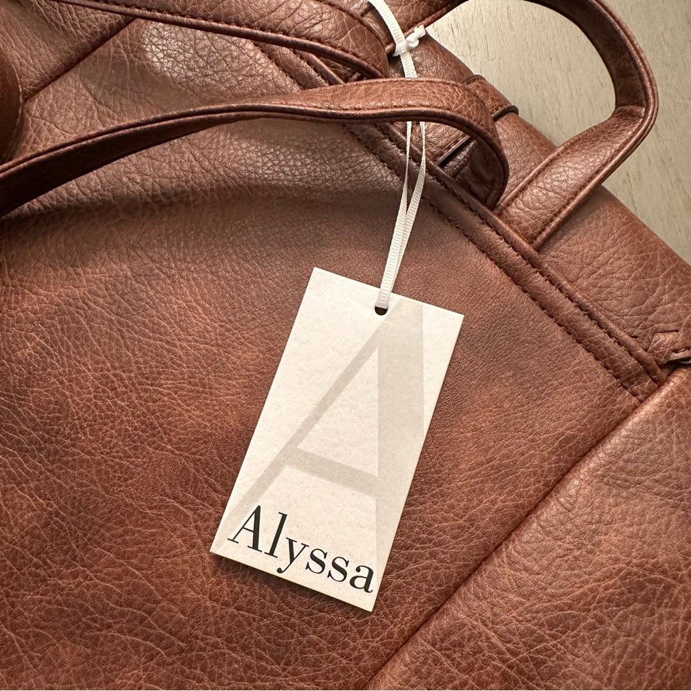 ALYSSA Faux Vegan Leather Whipstitch Brown Backpack New - Picture 13 of 13